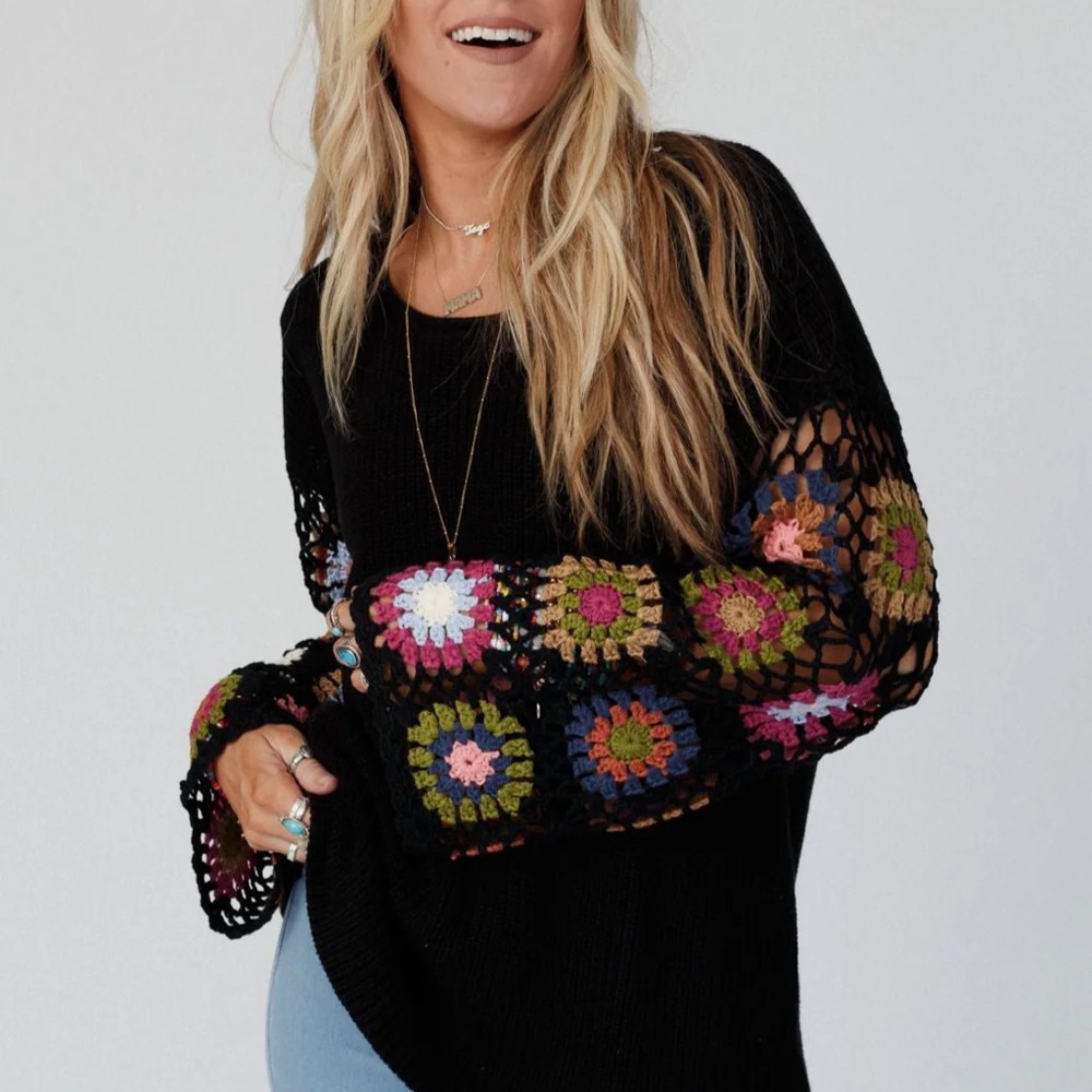Black Crochet Sweater with Multicolor Accents